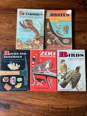 5 Vintage Golden Nature Guides Books Seashores Fossils Rocks Zoo Animals Birds